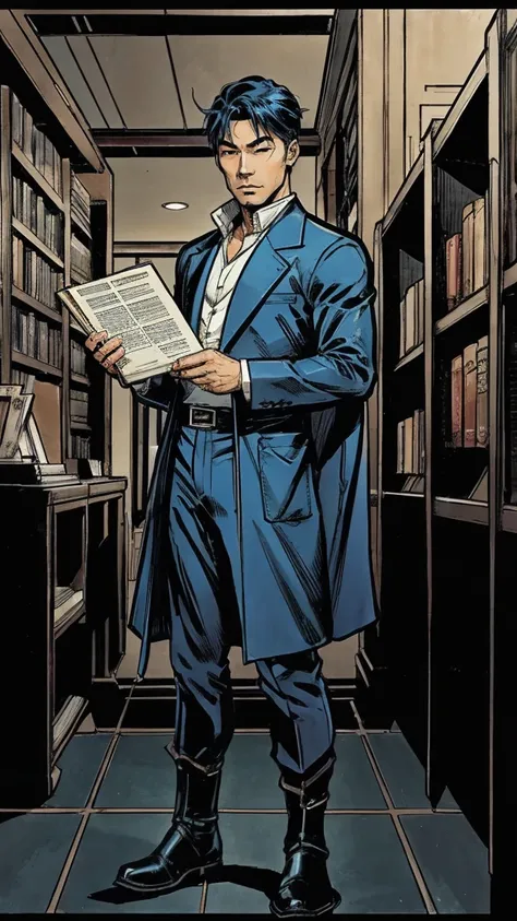 Masculine Asian Men Alchemist, Wearing Sexy Costume, holding manuscript scroll, standing behind blue library, full body portrait from head to toe, showing full body portrait from head to toe, detailed comic artstyle.