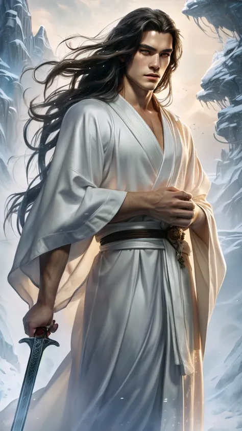 a close-up of a person, who holds a sword in a sky, flowing hair and long robes, handsome guy in demon slayer art, flowing white...