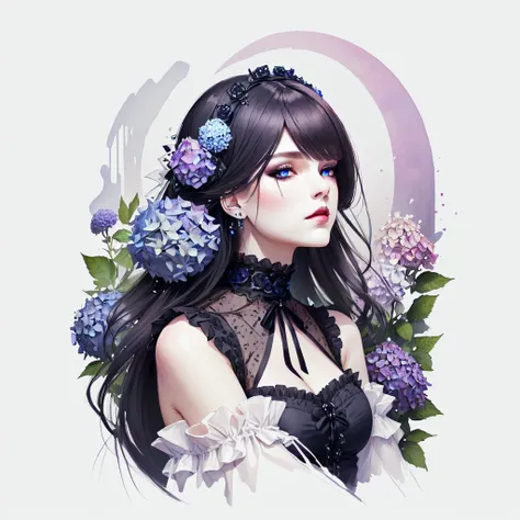 inspired by the colors of hydrangeas、gothic girl,gothic clothing,very fine and beautiful eyes、high resolution, accurate, 最high q...