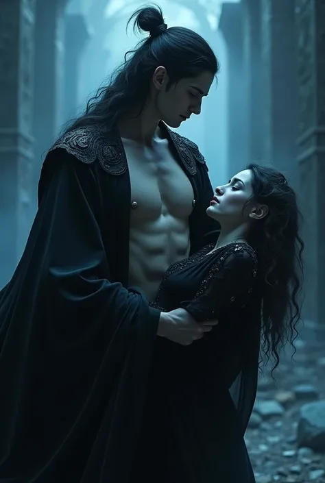 young man with an attractive face. He wears a luxurious black robe and a black crown.. She has long black hair. He is pale and beautiful. A male face and he is in the blue hell. Representation of Hades. He has a marked chest. He is with his back turned, ca...