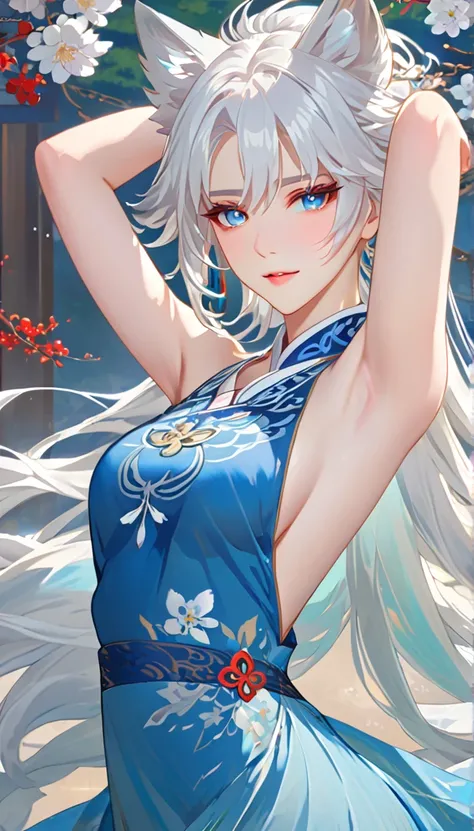 anime girl with long white hair and blue dress posing, white haired deity, by shitao, seductive anime girl, white haired, perfec...