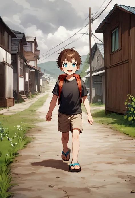 short brown hair, blue eyes black t-shirt, shorts and flip flops, backpack walking along a dirt road in a country town, overcast...