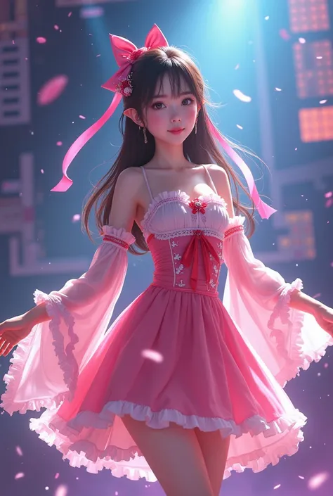 cute japanese girl who is a little tall with long hair on a stage, with a pink dress the idol is a little old but still young, and wear ribbons in hair and other decorations, and add a little game design tools 