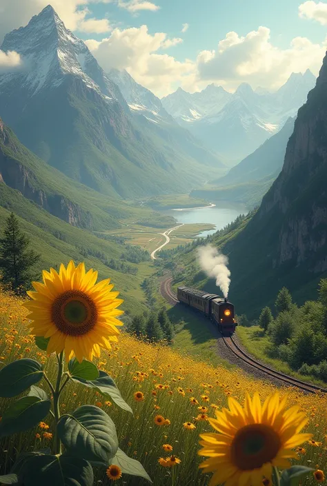 A landscape of mountains and train tracks seen from above and below a sunflower With the train belching smoke
