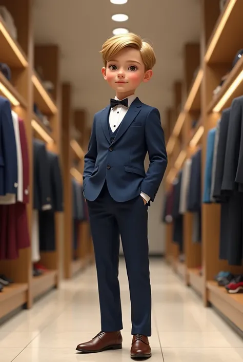 Boy in a very formal blue suit with blond brown hair and white skin with very formal shoes in the department.