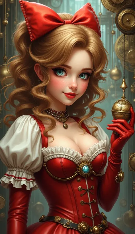 Highly detailed steampunk themed illustration of a young woman with a vintage pin-up style appearance. She has curly golden brown hair styled with a large red bow and is dressed in a corset with red and white detailing, adorned with various steampunk acces...