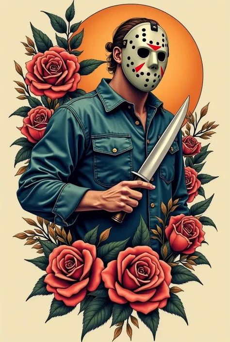 Tattoo design of the character Jason on the side and full body holding a knife in old school style with flowers around it