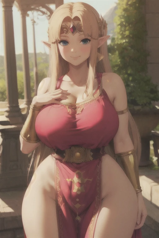 (best quality), (masterpiece), 1 girl, early 20s, huge heavy breasts, thick, thick lips, wide hips, thin waist, princess zelda, nintendo, the legend of zelda, albw, wearing dress