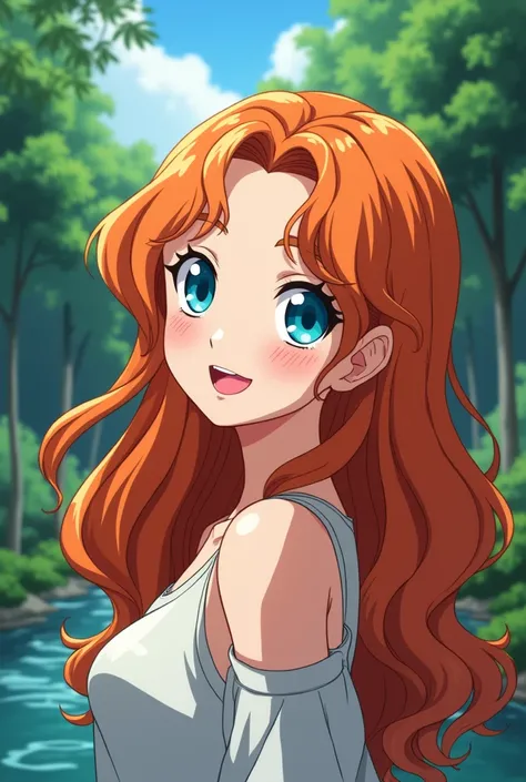 Screenshot of dragon ball.
Girl with long, curly orange hair.
She has very pretty blue eyes and has a tender and happy expression, her lips are noticeably pink and her skin is white.
She is in a forest, with the river in the background.