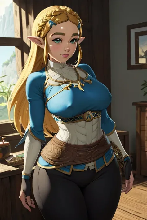 (best quality), (masterpiece), 1 girl, early 20s, huge heavy breasts, thick, thick lips, wide hips, thin waist, princess zelda, nintendo, the legend of zelda, botw, black pants