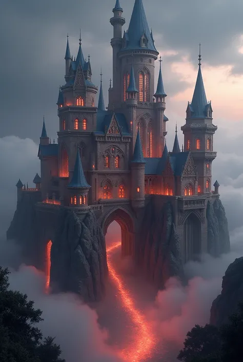 a detailed fantasy castle, intricate architecture, ornate towers, Elden Ring - inspired, dramatic lighting, warm glowing lights, vibrant orange and red tones, ambient fog, epic dramatic mood, highly detailed, 8k, photorealistic, hyper detailed, masterpiece...