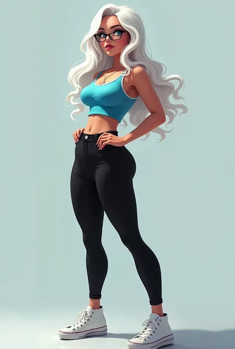 Kizi, long white hair, Broad Hips, blue colored eyes, Wearing allstar sneakers, glasses, sexy blue tank top tight black leggings, fully body
