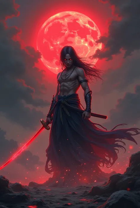 Create an anime samurai with a red aura with glowing eyes in a cloudy place with a blood moon this samurai has no right arm