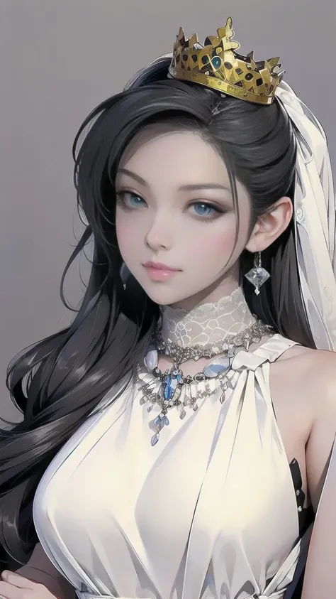 (masterpiece, Highest quality: 1.4), Detailed Background], White crystals, Crystal Cluster,Long Hair,jewelry, Earrings, necklace, Crown, bride, Gray Hair, Hello,