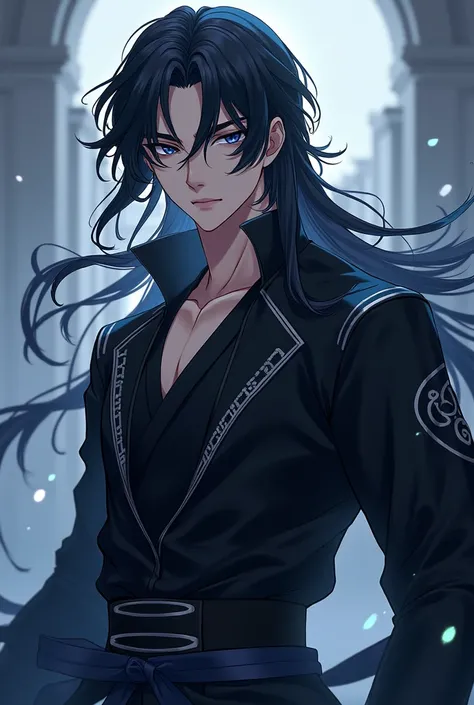 Make a murim manhwa character, with long black hair back, has black eyes, He is wearing a black outfit with gray details of a murim cultivator , he is a handsome 20 year old man. I want the anime style character