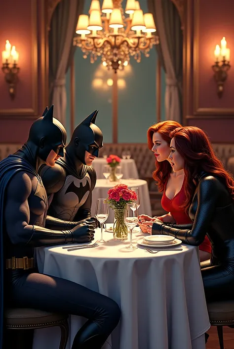 DC Nightwing , dc stellar , batman and hawk woman on a double date at a fancy restaurant 