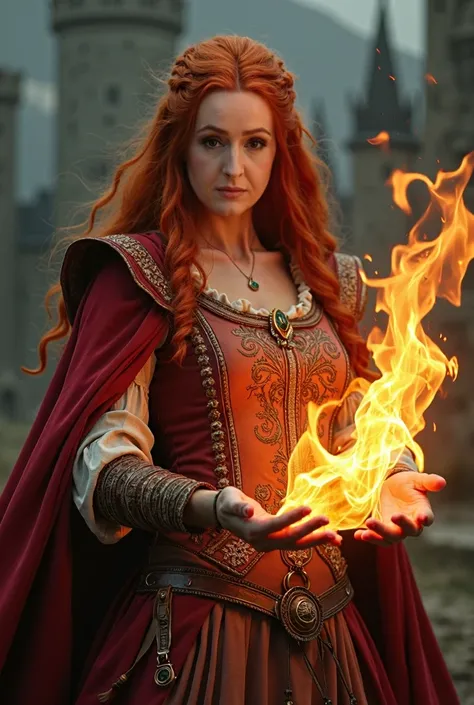 an epic photo of a red-haired woman in medieval clothes with fire in her hands