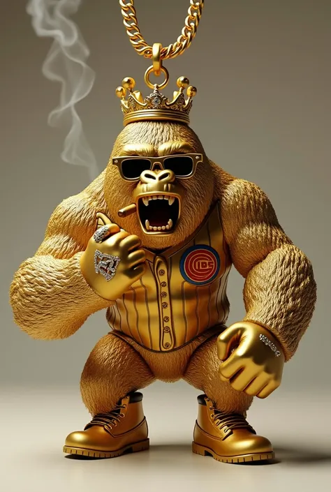 Turn the picture in a 3D gold plated pendant Hip hop angry gorilla wearing a Chicago cubs baseball jersey, wearing Timberland boots, wearing dark designer square shades with a gold crown holding a cigar, holding a female in his fist she’s wearing a jersey ...