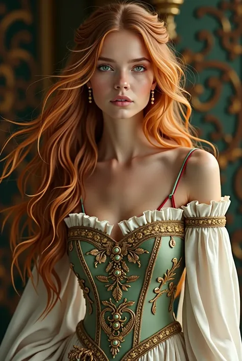 Create a captivatingly beautiful woman, with long red hair in a lighter shade, almost golden, that falls softly over your shoulders like strands of silk in the wind. Your green eyes, of a bright, clear green, exude specialness and a deep delicacy, capable ...