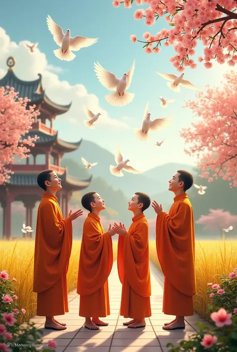 realistic anime. Four young Vietnamese monks are releasing many doves into the sky. They stood in the temple yard happily, their gentle and radiant faces, surrounded by detailed golden rice fields. Flowers bloom in the temple yard, peach trees also bloom w...