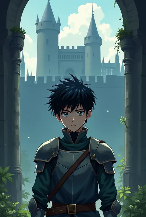 anime style drawing of a simple lonely boy with small iris eyes and short black spiky hair, Basic medieval era soldier from a castle in a world with magic aged 16