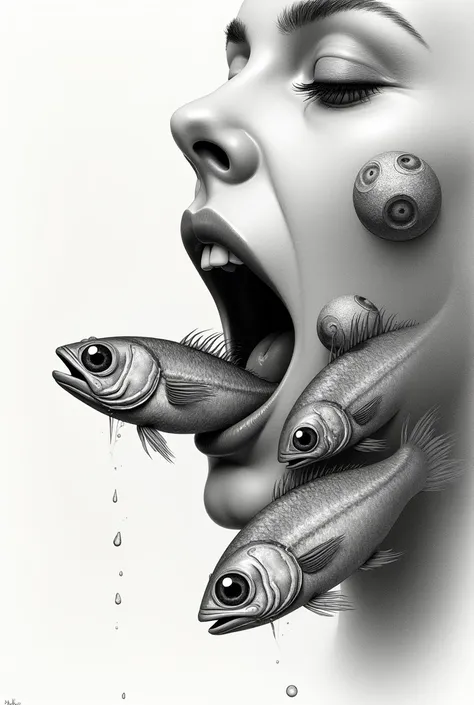 Graphite illustration of a woman&#39;s mouth in profile eating fish eyes (spherical) and eyeless fish around 