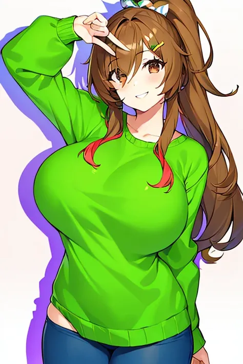 1girl, light smile, brown eyes, large breasts, wide hips, brown hair, one eye covered, hair over one eye, multicolored hair, green hair, ponytail, sweater, white background, masterpiece, ((masterpiece)), v-sign, v, peace sign, hair ornament