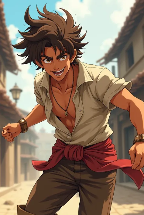 naughty man,Brown hair, disheveled ,messy, eyes browns,  peasant clothing , athletic body, anime styling 