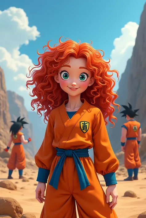 Dragon Ball Screenshot.
Create a girl identical to the Disney Princess Merida character. But she has a kind smile and wears the same orange training suit as Goku..
But that Merida has the style and animation of a Dragon Ball character, He is also with Goku...