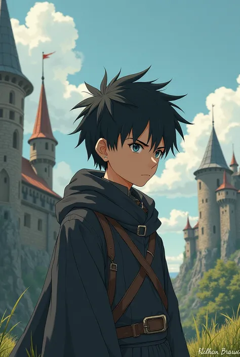 anime style drawing of a simple lonely boy with small iris eyes and short spiky black hair of a normal type without effects, Basic medieval era soldier from a castle in a world with magic aged 16