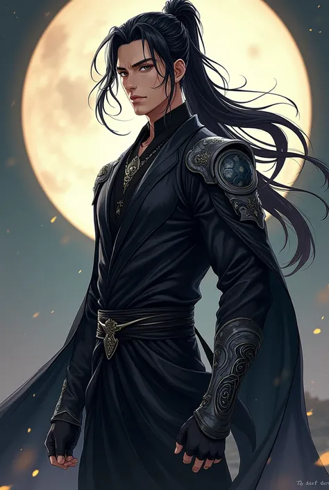 Make a murim manhwa character, with long black hair back, has black eyes, He is wearing a black outfit with gray details and murim cultivator arms , he is a handsome 30 year old man. I want the anime style character