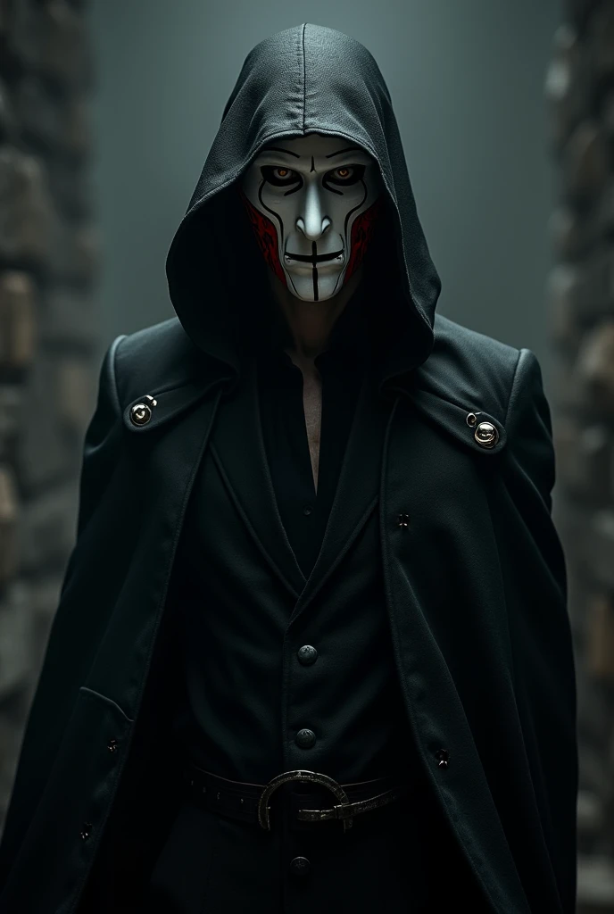 a man in a black outfit, pale skin, brown eyes, wearing a black hooded cape, a white and red japanese mask, black hair, detailed face, intricate costume design, dramatic lighting, dark fantasy, cinematic, dramatic atmosphere, (best quality,4k,8k,highres,ma...