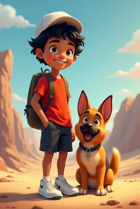 Dark-skinned boy with wavy hair, a red shirt with black shorts and white tennis shoes and a white cap who loves to travel the world accompanied by his German shepherd named Kito 