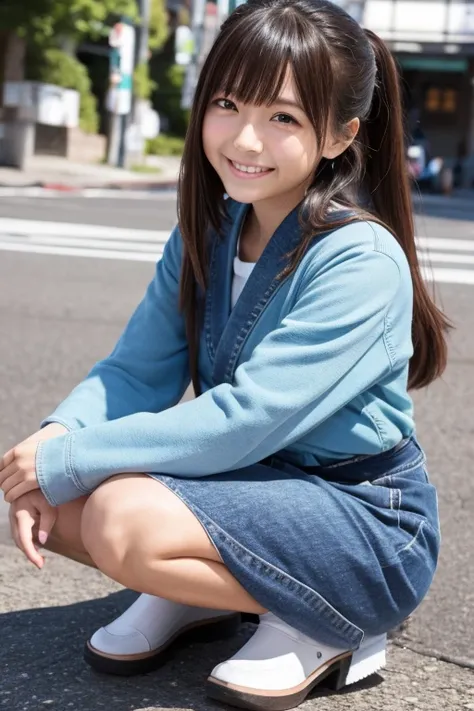 Crouching and smiling Japanese girl。