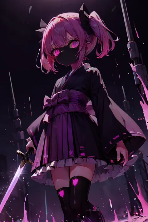 A petite girl with a Western look and beautiful features.　Pink hair in twin tails　He has a pink, shiny sword　The face is expressionless　Standing quietly　Black yukata with black frills　Dark brown boots　Blood all over the body　Her face is almost invisible du...