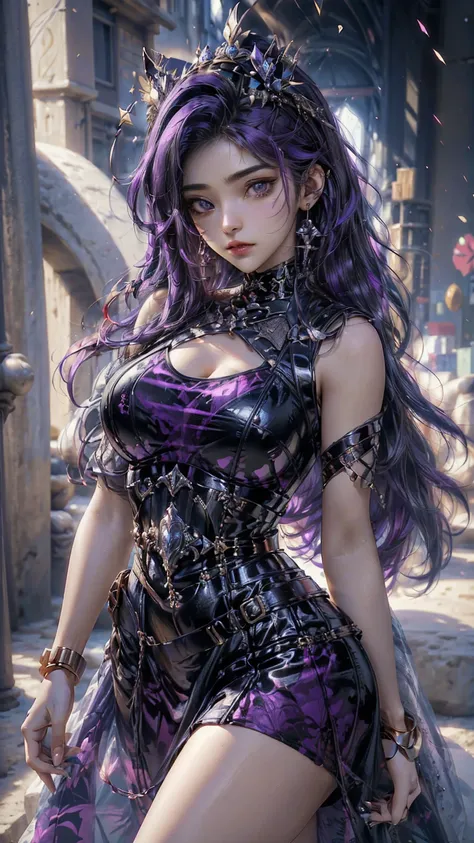 ((Realistic light, Best Quality, 8k, Masterpiece :1.3)), taking selfies, 1girl, beautiful woman with perfect figure :1.4, abs :1.1, (purple hair, Huge-breasts :1.3), Arabian dress :1.4,belts :1.2, translucent detail in dress, color black and other bed inse...