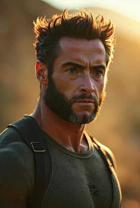 1 man, hugh jackman as wolverine, alone, Colossal, looking at the viewer, green eyes, realistic, sexy, big boobs, Hyper-realistic and detailed photo looking directly at the camera. . the sun is shining. Crisp light. Perfects the eyes, (highly detailed skin...