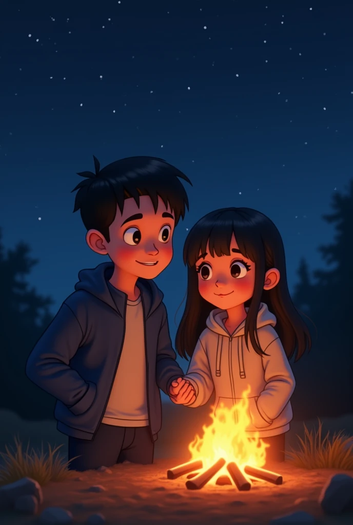 I want it like Pixar: It&#39;s a couple, It&#39;s a night of bonfire and camping, the boy is white skinned, He has straight black hair and is a little stocky., He has a dark blue sports jacket, The girl has white skin., long straight black hair and has a b...