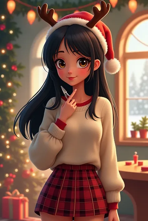 Animated woman with light brown skin and straight black hair, Full body dressed in Christmas theme and holding eyelash tweezers