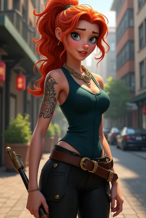 Disney Princess Merida at 24 if she were in the present day and wearing baggy black military pants, tight shirt also black, and boots. Represent her with a tattoo that has to do with her personality and a reliquary on her neck and with her hair tied up hig...