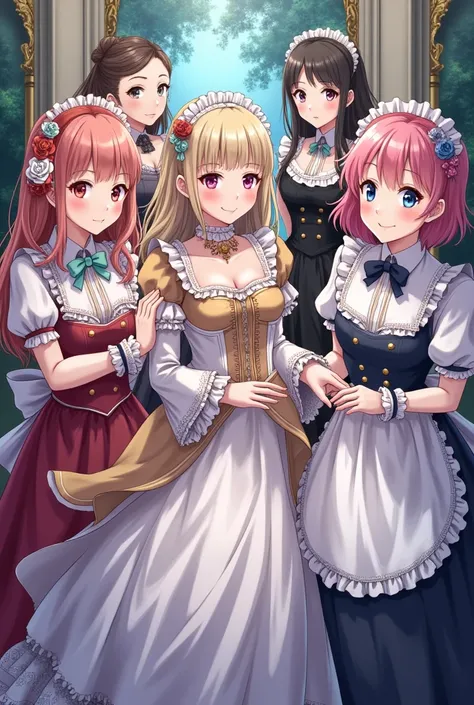 It features six anime-style female characters, dressed mainly in outfits reminiscent of maid uniforms or Victorian style, each with distinctive features in terms of clothing and appearance.