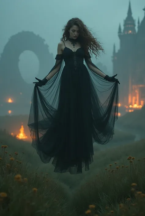 beautiful girl, pale skin, long brown curly hair.  Beautiful, slim and lush body. Sexy See Through Gothic Dark Detailed Long Dress, low-cut.  lace choker, Lace gloves. Embroidered cloak.  Levitating over a vast meadow,  Magical Atmosphere. Illuminated fiel...