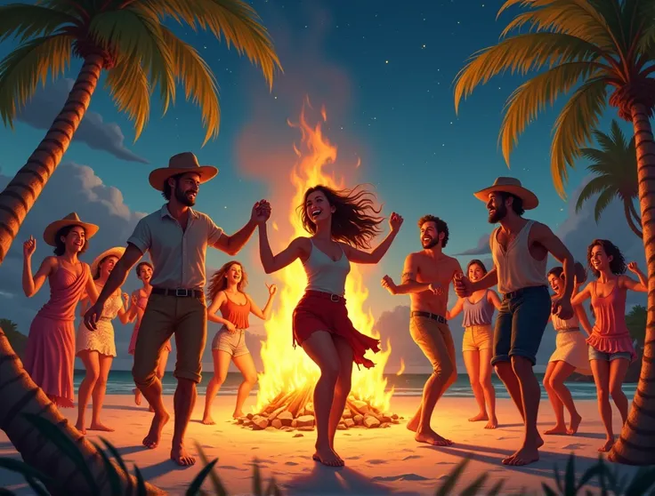 Beach party with bonfire and country people dancing