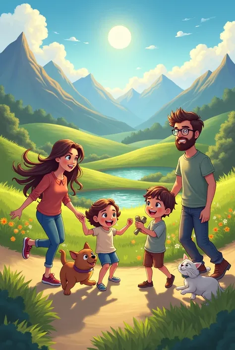 WOMAN BROWN LONG HAIR. TEENAGE BOY WITH GLASSES. CHILD GIRL WITH BROWN LONG HAIR. CHILD BOY WITH TOY IN YOUR HAND. MAN WITH BEARD. THEY LIKE PLAYING WITH MY DOG AND CAT. ON NA FARM HAVE A LITTLE POND AND VERY MUCH MONTAIN. THE SUN SHINES ABOVE THE MOUNTAIN...