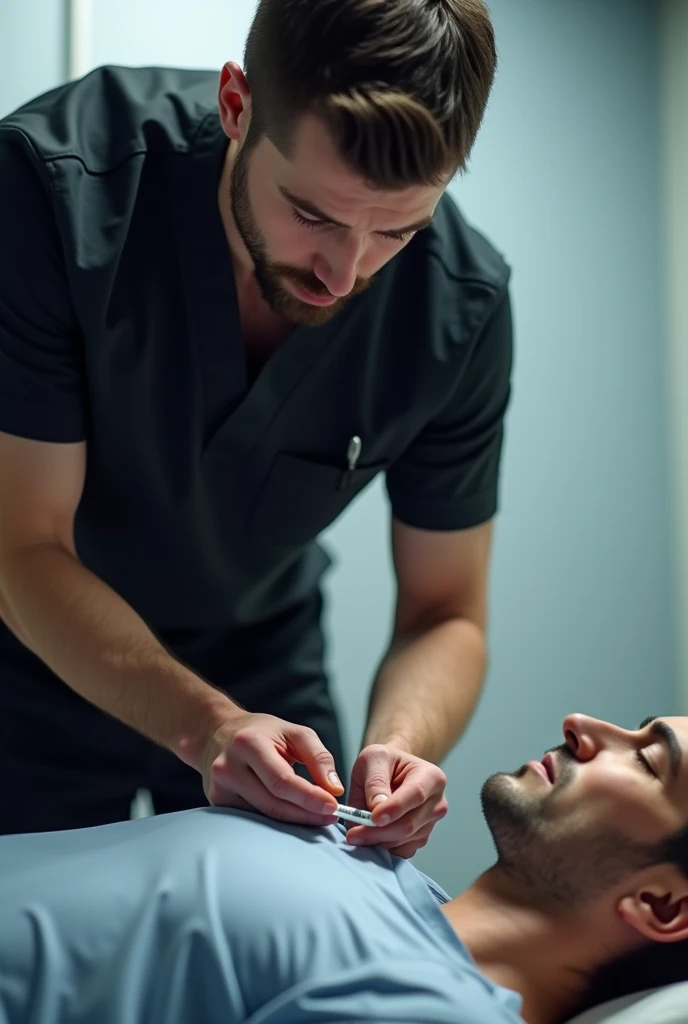 A man in nurse dress black in colour and putting injection to a patients 
