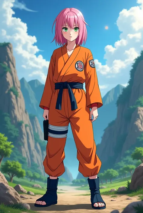 Dragon Ball Screenshot.
Create Sakura from Naruto as another character from the Dragon Ball anime.
And that Sakura is not wearing any ninja headband, It&#39;s more like he&#39;s a character from the Dragon Ball anime who wears the same orange training suit...