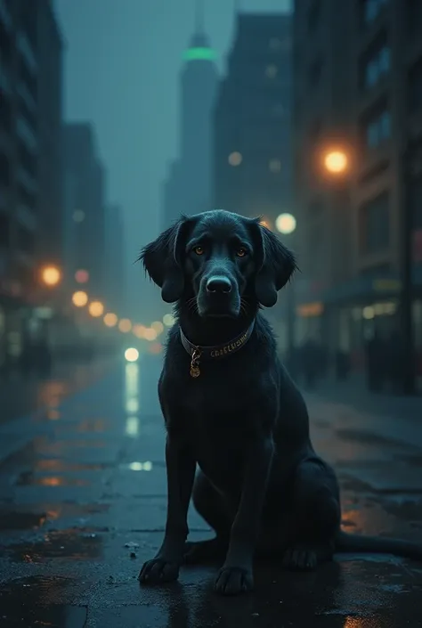 A sad dog with the name Charlie written on his collar lost in the night of a city 