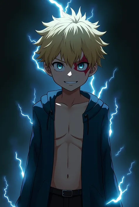 A fair-skinned blond boy wearing only a dark blue sleeveless open jacket. he has a scar on his left eye. This boy also has electrical powers. In the background there is only darkness. The boy has a piercing gaze and a sadistic smile.