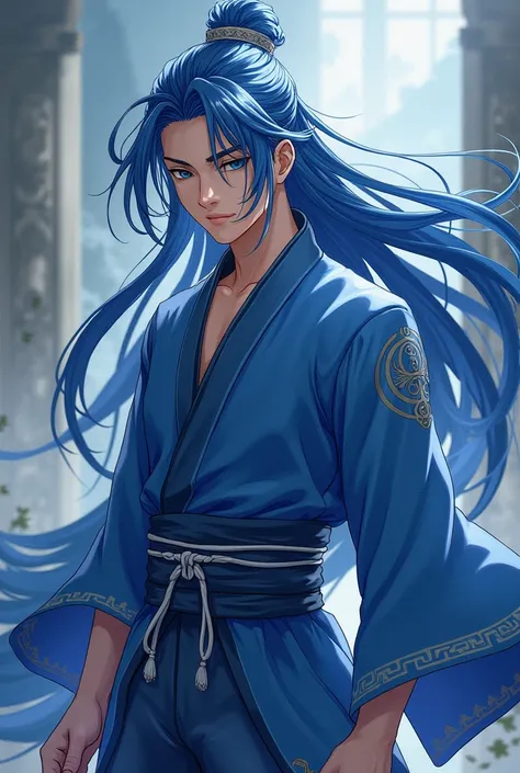 Make a murim manhwa character, with long blue hair back, has black eyes, He is wearing a blue outfit with gray details of a murim cultivator , he is a handsome 20 year old man. I want the anime style character