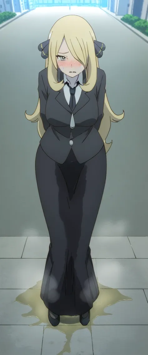 (high quality,Very detailed:1.37, High resolution), 2d, anime, anime style, anime source, Woman, Cynthia (Pokemon), business suit, necktie, (long skirt:1.25), (pencil skirt:1.5), pantyhose, huge breasts, cleavage, looking at viewer, masterpiece, best quali...